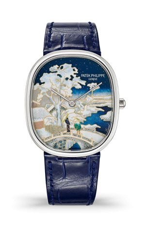 Patek Philippe Golden Ellipse 34.5x39.5-5738/50G-025 (Shiny Navy-blue Alligator Leather Strap, Grand Feu-cloisonné Enamel Snow-covered Landscape Dial, White Gold Smooth Bezel)