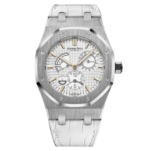 Audemars Piguet Royal Oak 39-26124ST.OO.D011CR.01 (White Alligator Leather Strap, Grande Tapisserie Silver-toned Index Dial, Stainless Steel Smooth Bezel)