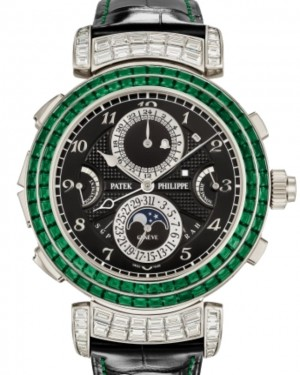 Patek Philippe Grand Complications 49.4-6300/403G-001 (Shiny-black Alligator Leather Strap, Ebony-black Opaline Double-sided Arabic Dial, Baguette-cut Emerald Bezel)