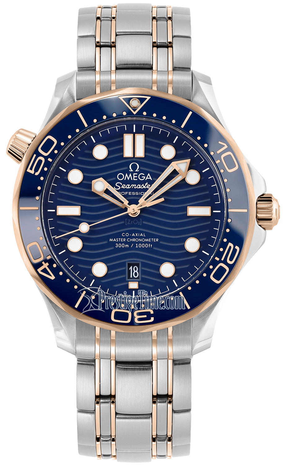 Omega Seamaster Diver 300M 42-210.20.42.20.03.002 (Sedna Gold & Stainless Steel Bracelet, Wave-embossed Blue Dot Index Dial, Rotating Blue Ceramic Bezel)