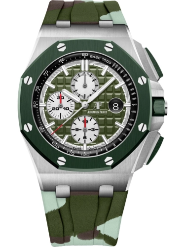 Audemars Piguet Royal Oak Offshore 44-26400SO.OO.A055CA.01 (Camouflage Rubber Strap, Méga Tapisserie Khaki-green Index Dial, Green Ceramic Smooth Bezel)