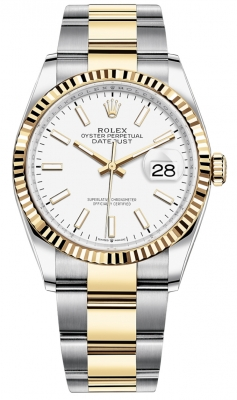 Rolex Datejust 36-126233 (Yellow Rolesor Oyster Bracelet, White Index Dial, Fluted Bezel)