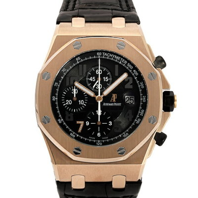 Audemars Piguet Royal Oak Offshore 42-26180OR.OO.D101CR.01 (Black Alligator Leather Strap, Méga Tapisserie Black Arabic Dial, Pink Gold Smooth Bezel)