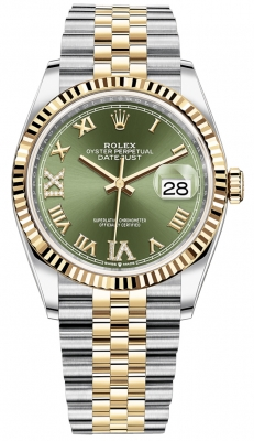 Rolex Datejust 36-126233 (Yellow Rolesor Jubilee Bracelet, VI IX Gold Diamond-set Olive-green Dial, Fluted Bezel)