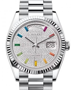 Rolex Day-date 36-128236 (Platinum President Bracelet, Diamond-paved Rainbow-colored Sapphire-set Index Dial, Fluted Bezel)