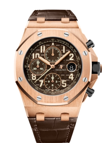Audemars Piguet Royal Oak OffShore 42-26470OR.OO.A099CR.01 (Brown Alligator Leather Strap, Méga Tapisserie Brown Arabic Dial, Pink Gold Smooth Bezel)