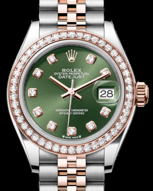 Rolex Lady-Datejust 28-279381RBR (Everose Rolesor Jubilee Bracelet, Gold Diamond-set Olive-green Dial, Diamond Bezel)