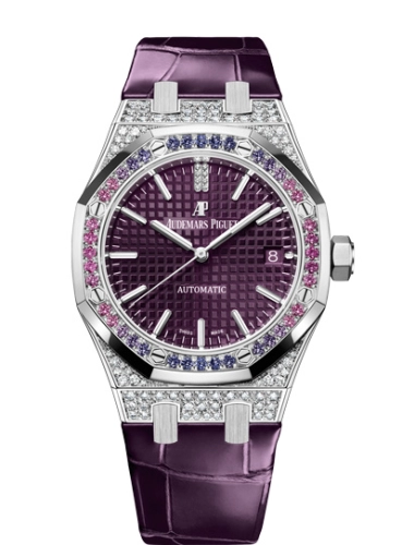 Audemars Piguet Royal Oak 37-15452BC.ZY.D600CR.01 (Purple Alligator Leather Strap, Grande Tapisserie Purple Index Dial, Brilliant-cut Graded-blue/pink Sapphire-set Bezel)