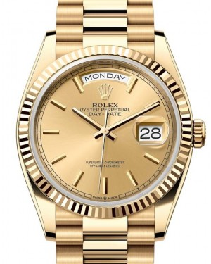 Rolex Day-Date 36-128238 (Yellow Gold President Bracelet, Champagne Index Dial, Fluted Bezel)
