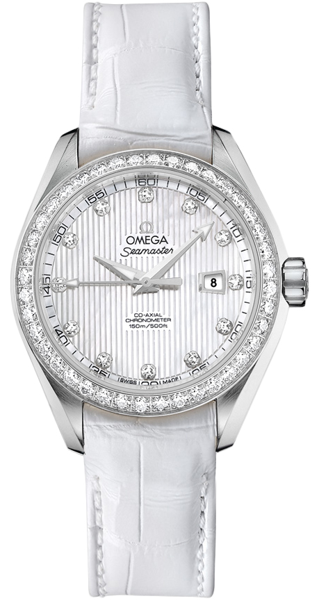 Omega Seamaster Aqua Terra 150M 34-231.18.34.20.55.001 (White Alligator Leather Strap, Vertical-teak White MOP Diamond Index Dial, Stainless Steel Diamond-set Bezel)