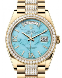 Rolex Day-Date 36-128348RBR (Yellow Gold Diamond-set President Bracelet, VI IX Gold Diamond-set Turquoise Dial, Diamond Bezel) (m128348rbr-0038)