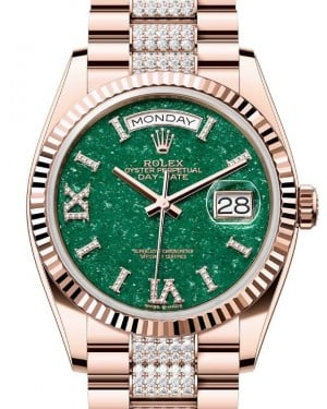 Rolex Day-Date 36-128235 (Everose Gold Diamond-set President Bracelet, VI IX Gold Diamond-set Green Aventurine Dial, Fluted Bezel)