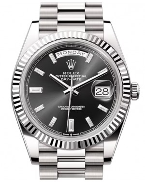 Rolex Day-Date 40-228239 (White Gold President Bracelet, Bright-black Diamond-set Index Dial, Fluted Bezel)