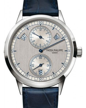 Patek Philippe Complications 40.5-5235G-001 (Blue Alligator Leather Strap, Two-tone Silver Index Dial, White Gold Smooth Bezel)