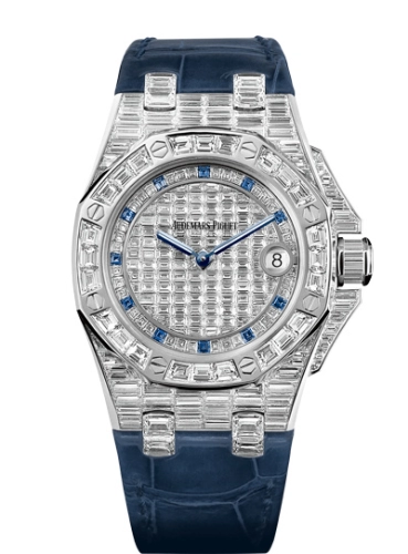 Audemars Piguet Royal Oak Offshore 37-67543BC.ZZ.D023CR.01 (Blue Alligator Leather Strap, Baguette-cut Blue Sapphire Markers, Baguette-cut Diamond-paved Dial, Baguette-cut Diamond-set Bezel)