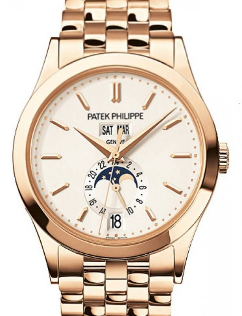 Patek Philippe Complications 38.5-5396/1R-010 (Rose Gold Bracelet, Silvery Opaline Index Dial, Rose Gold Smooth Bezel)