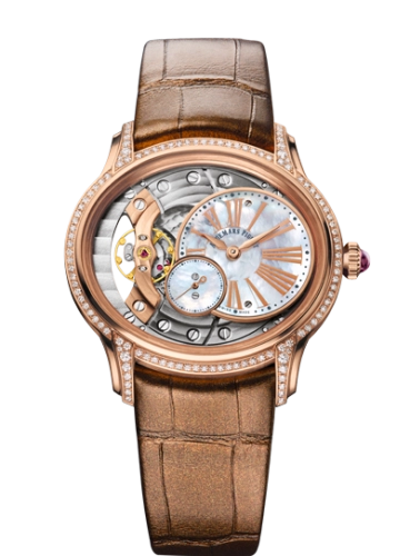 Audemars Piguet Millenary 39.5-77247OR.ZZ.A812CR.01 (Brown Alligator Leather Strap, Off-centred White MOP Roman Disc Openworked Dial, Pink Gold Diamond-set Bezel)