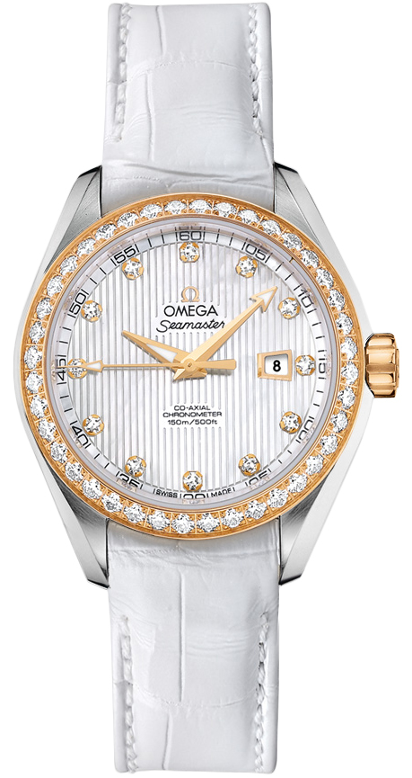 Omega Seamaster Aqua Terra 150M 34-231.28.34.20.55.001 (White Alligator Leather Strap, Vertical-teak White MOP Diamond Index Dial, Yellow Gold Diamond-set Bezel)