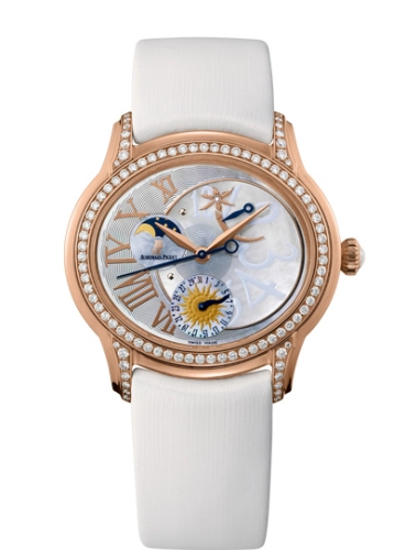 Audemars Piguet Millenary 39.5-77315OR.ZZ.D013SU.01 (White Technological-silk Strap, Off-centred White Arabic Disc/Silver-toned Flinqué Roman Day-themed Dial, Brilliant-cut Diamond-set Bezel)