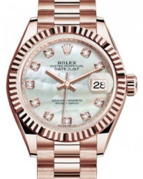 Rolex Lady-Datejust 28-279175 (Everose Gold President Bracelet, Gold Diamond-set White MOP Dial, Fluted Bezel) (m279175-0017)