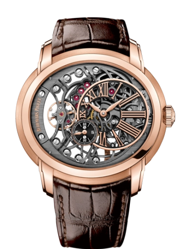 Audemars Piguet Millenary 47-15352OR.OO.D093CR.01 (Brown Alligator Leather Strap, Off-centred Transparent Roman Disc Openworked Dial, Pink Gold Smooth Bezel)