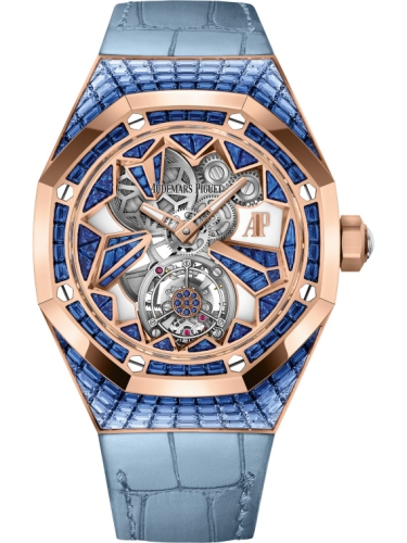 Audemars Piguet Royal Oak Concept 38.5-26228OR.SS.D314CR.01 (Light-blue Alligator Leather Strap, Baguette-cut Blue Sapphire-set Pink Gold Openworked Dial, Baguette-cut Blue Sapphire-set Bezel)