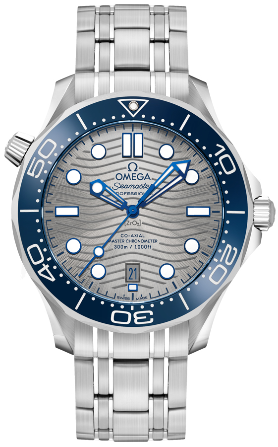 Omega Seamaster Diver 300M 42-210.30.42.20.06.001 (Stainless Steel Bracelet, Wave-embossed Grey Dot Index Dial, Rotating Blue Ceramic Bezel)