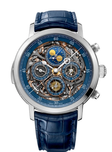 Audemars Piguet Jules Audemars 44-26554PT.OO.D028CR.01 (Blue Alligator Leather Strap, Transparent Sapphire Blue Openworked Dial, Platinum Smooth Bezel)