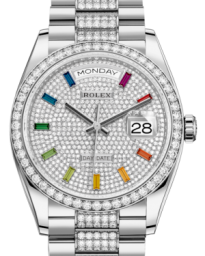 Rolex Day-Date 36-128349RBR (White Gold Diamond-set President Bracelet, Diamond-paved Rainbow-colored Sapphire-set Index Dial, Diamond Bezel) (m128349rbr-0012)