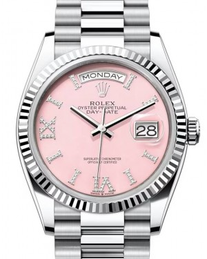 Rolex Day-date 36-128236 (Platinum President Bracelet, VI IX Gold Diamond-set Pink Opal Dial, Fluted Bezel)