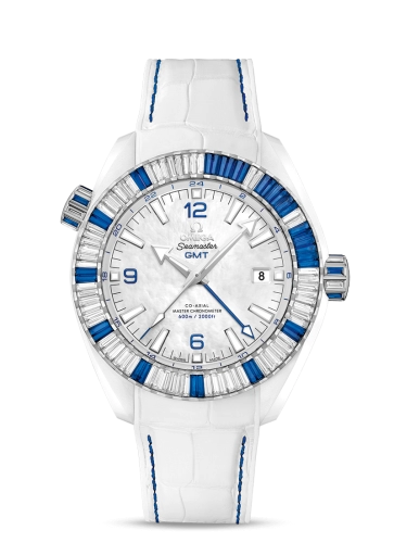 Omega Seamaster Planet Ocean 600M 45.5-215.98.46.22.05.001 (Blue/White Alligator Leather Strap, White MOP Arabic/Index Dial, Baguette-cut Blue Sapphire/Diamond-set Bezel)