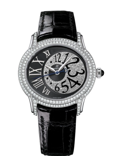 Audemars Piguet Millenary 39.5-77302BC.ZZ.D001CR.01 (Black Alligator Leather Strap, Off-centred Diamond-paved Arabic Disc/Black Roman Dial, Brilliant-cut Diamond-set Bezel)