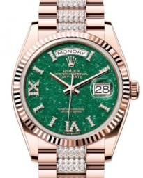 Rolex Day-Date 36-128235 (Everose Gold Diamond-set President Bracelet, VI IX Gold Diamond-set Green Aventurine Dial, Fluted Bezel) (m128235-0069)