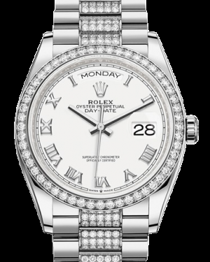 Rolex Day-Date 36-128349RBR (White Gold Diamond-set President Bracelet, White Roman Dial, Diamond Bezel)