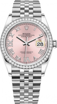 Rolex Datejust 36-126284RBR (Oystersteel Jubilee Bracelet, VI IX Gold Diamond-set Pink Dial, Diamond Bezel)