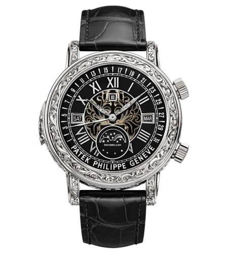 Patek Philippe Grand Complications 44-6002G-010 (Shiny-black Alligator Leather Strap, Grand Feu-champlevé & cloisonné Black Enamel Roman Dial, Hand-engraved White Gold Bezel)