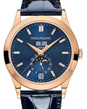 Patek Philippe Complications 38.5-5396R-015 (Shiny Navy-blue Alligator Leather Strap, Blue Sunburst Index Dial, Rose Gold Smooth Bezel)