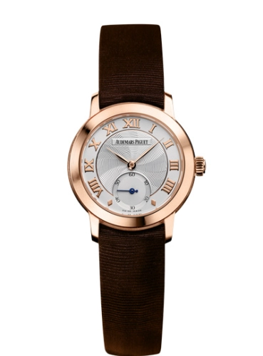 Audemars Piguet Jules Audemars 28-77230OR.OO.A082MR.01 (Brown Silk Strap, Silver-toned Center Spiral-guilloched Roman Dial, Pink Gold Smooth Bezel)