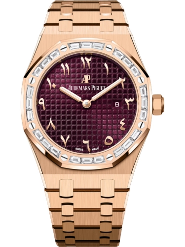 Audemars Piguet Royal Oak 33-67656OR.ZZ.1261OR.01 (Pink Gold Bracelet, Grande Tapisserie Burgundy Special Arabic Dial, Baguette-cut Diamond-set Bezel)