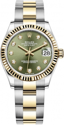 Rolex Datejust 31-278273 (Yellow Rolesor Oyster Bracelet, Gold Diamond-set Olive-green Dial, Fluted Bezel)