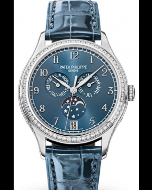 Patek Philippe Complications 38-4947G-001 (Shiny Peacock-blue Alligator Leather Strap, Blue Sunburst Arabic Dial, Diamond Bezel)