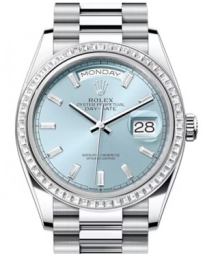 Rolex Day-Date 36-128396TBR (Platinum President Bracelet, Ice-blue Diamond-set Index Dial, Diamond Bezel) (m128396tbr-0003)