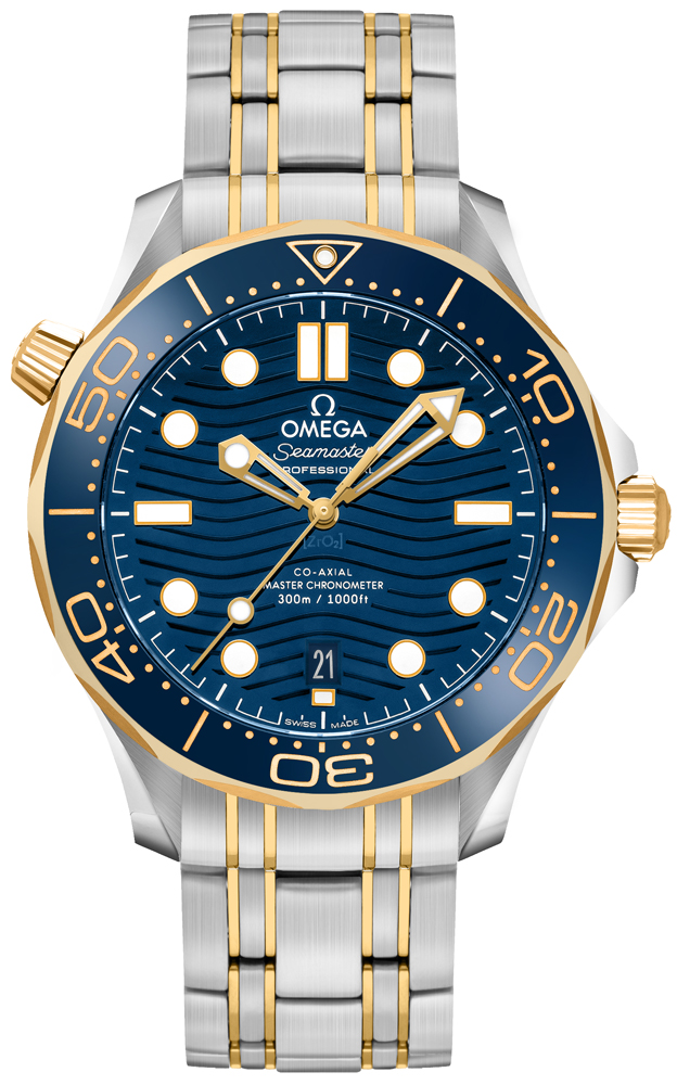 Omega Seamaster Diver 300M 42-210.20.42.20.03.001 (Yellow Gold & Stainless Steel Bracelet, Wave-embossed Black Dot Index Dial, Rotating Blue Ceramic Bezel)