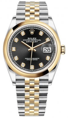 Rolex Datejust 36-126203 (Yellow Rolesor Jubilee Bracelet, Gold Diamond-set Bright-black Dial, Domed Bezel)