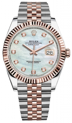 Rolex Datejust 41-126331 (Everose Rolesor Jubilee Bracelet, Gold Diamond-set White MOP Dial, Fluted Bezel)