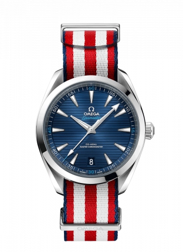 Omega Seamaster Aqua Terra 150M 41-220.12.41.21.03.004 (Blue/Red/White NATO Strap, Horizontal-teak Blue Index Dial, Stainless Steel Bezel)