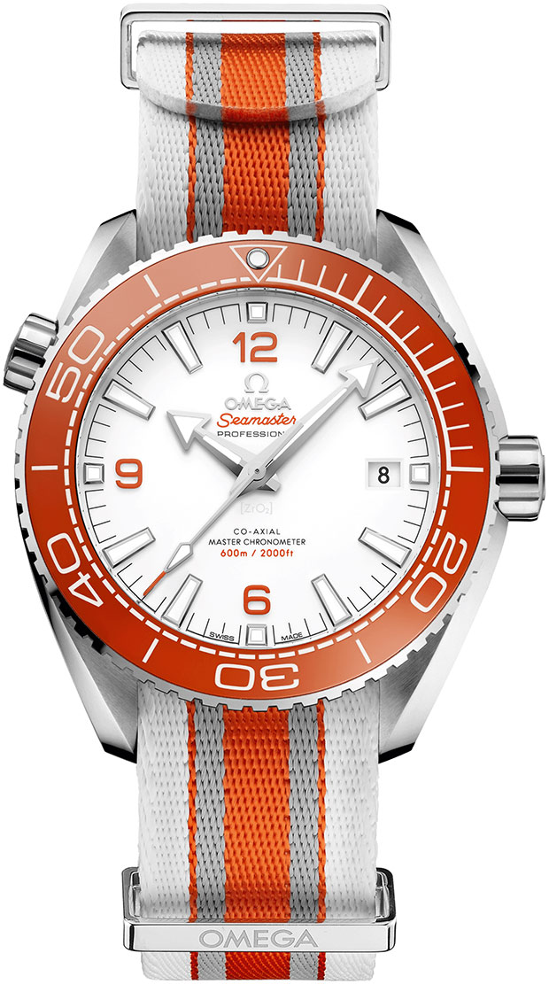 Omega Seamaster Planet Ocean 600M 43.5-215.32.44.21.04.001 (Orange/Grey/White NATO Strap, White Ceramic Arabic/Index Dial, Rotating Red Ceramic Bezel)