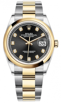 Rolex Datejust 36-126203 (Yellow Rolesor Oyster Bracelet, Gold Diamond-set Bright-black Dial, Domed Bezel)